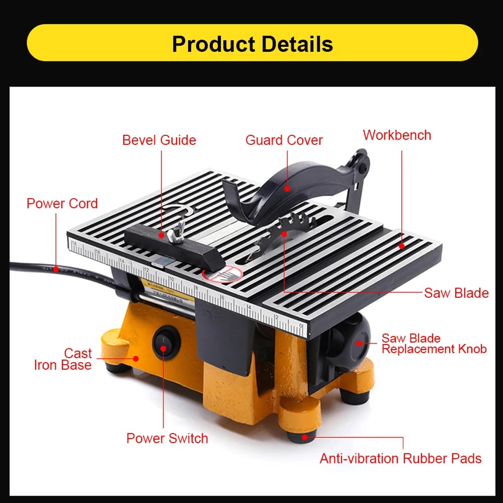 60W Mini Table Saw | Precision Miter Cuts for Wood & Metal | 3-Blade System - Thumbnail 5