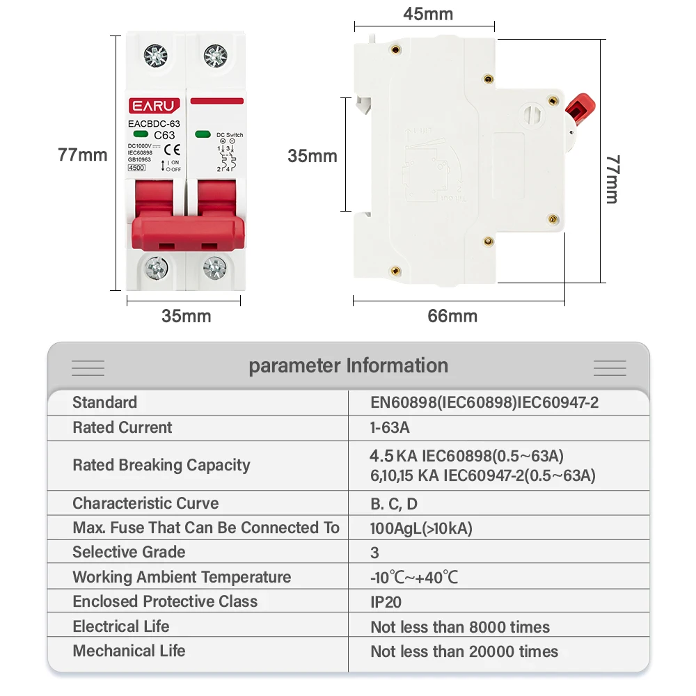 2-Pole DC Solar Circuit Breaker | 1000V Photovoltaic MCB | 6A-63A Overload Protection - Thumbnail 2