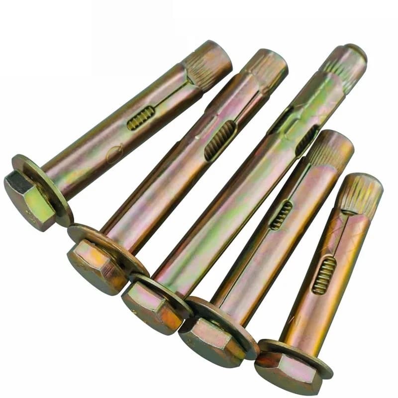 Zinc-plated carbon steel hexagon expansion screws in sizes M6 through M16 for built-in floor anchoring applications.