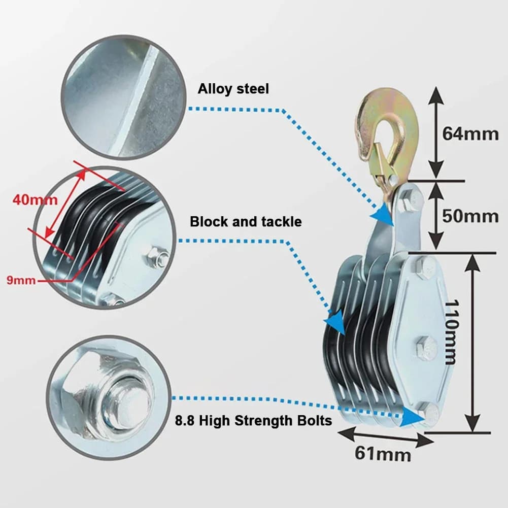 270° Rotatable Rope Pulley Block Zinc Alloy Hook Handheld Crane Heavy Duty Polyethylene Rope Pulley Hoist Manual Lifting Device - Thumbnail 3