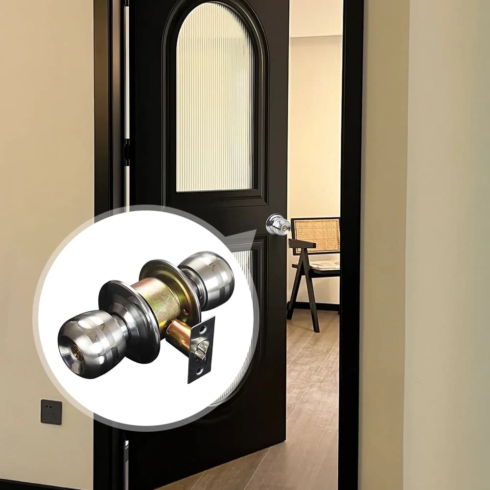 Steel Door Knob with Lock | Keyed Entry for Bedroom & Bathroom | Round Interior Door Handle - Thumbnail 3