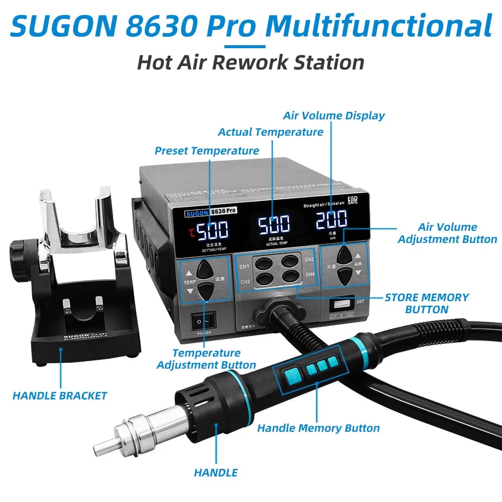 1300W Hot Air Rework Station | Digital Display BGA Desoldering | Curved Nozzle Welding Repair - Thumbnail 6