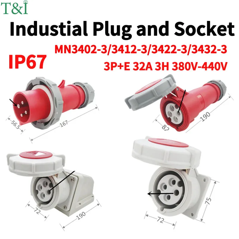 Heavy-Duty 4-Pin 32A Industrial Plug & Socket | 380-440V Marine-Grade Connector | MN3412 - Thumbnail 2