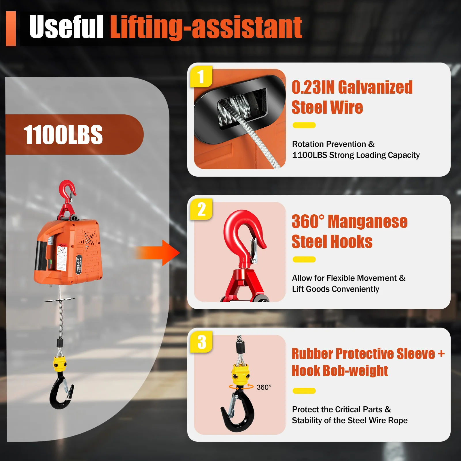 1500W Electric Winch | 1100lb Heavy-Duty Lifting | Wireless Remote Control for Warehouse & Shop - Thumbnail 4