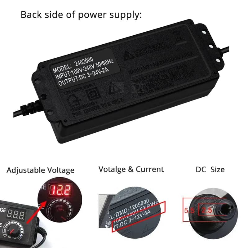 Adjustable Power Supply | 3-24V DC Output | 5A Max with Digital Display | Universal AC Adapter - Thumbnail 5