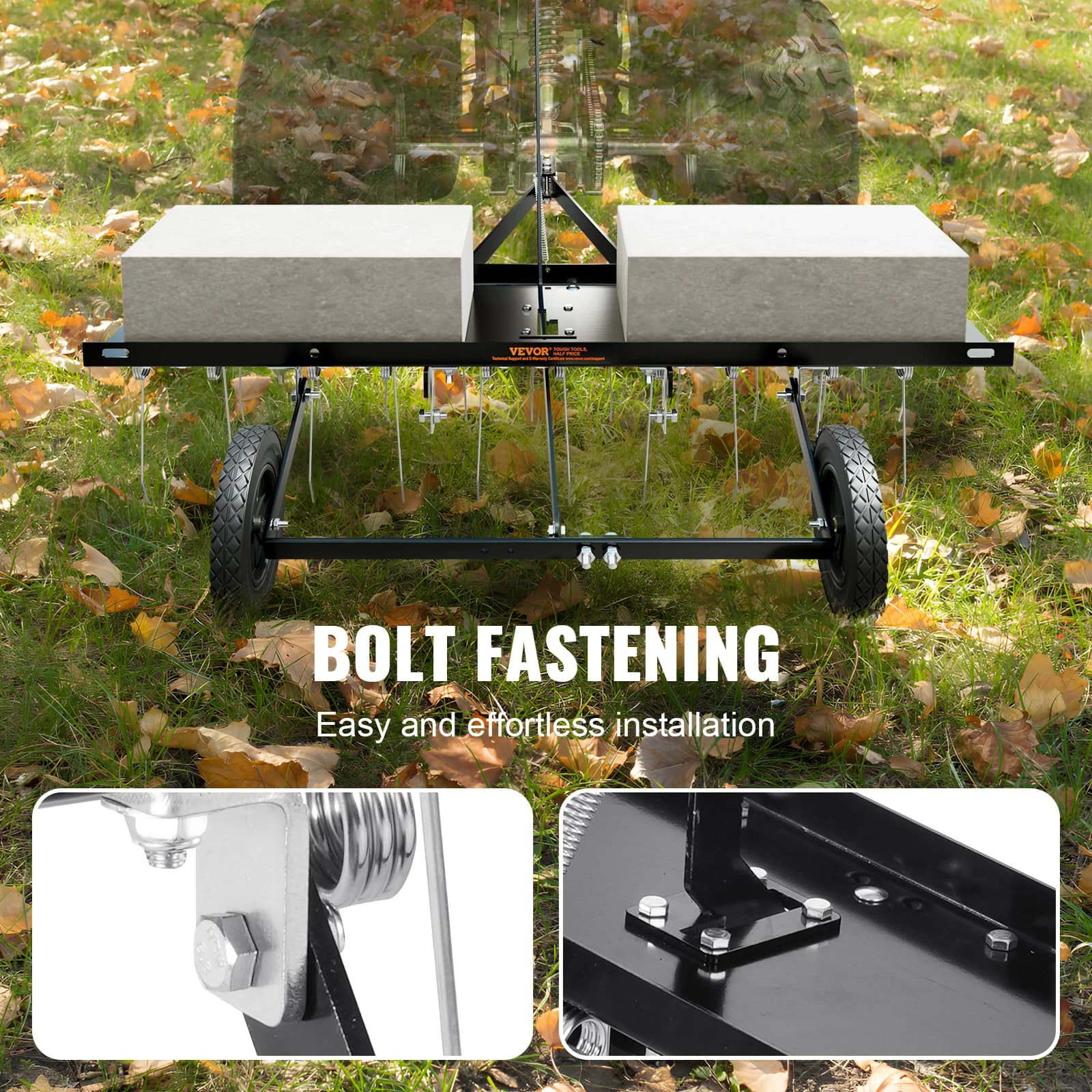 Behind Dethatcher | 40in Width with 20 Steel Tines | ATV & Lawn Mower Attachment for Lawn Care - Thumbnail 5