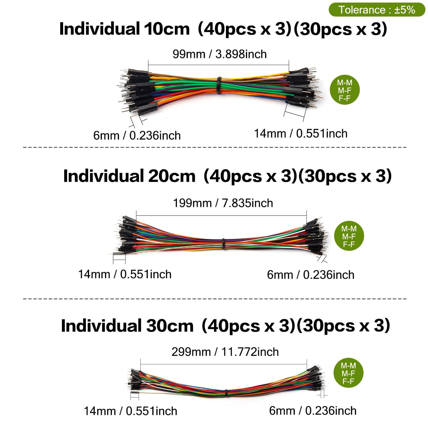 Jumper Wire Kit for Arduino & Breadboards | 24AWG Copper | 10cm-30cm Male/Female Set - Thumbnail 6