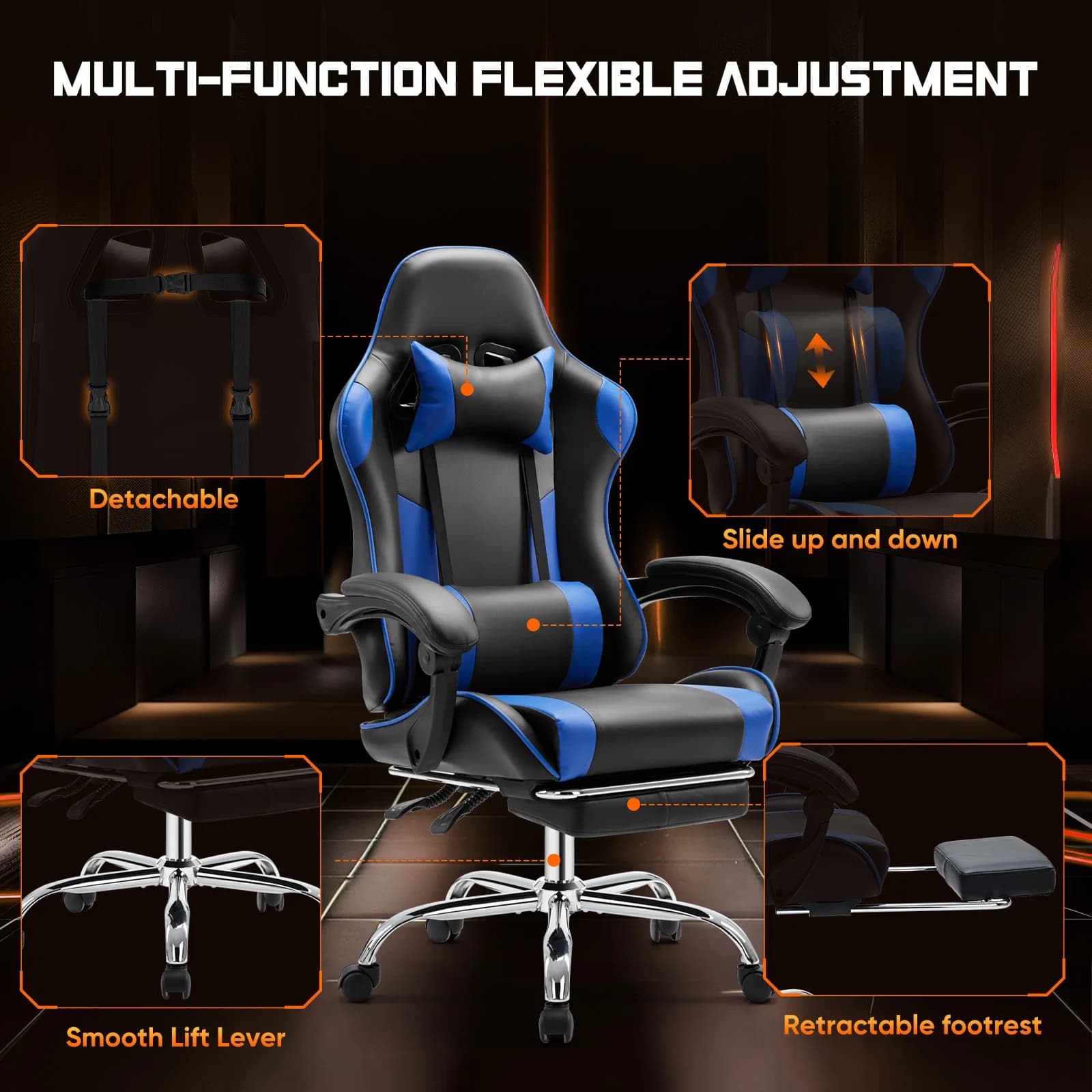 Racing Gaming Chair | Adjustable Lumbar & Headrest Support | PU Leather Swivel Chair - Thumbnail 5