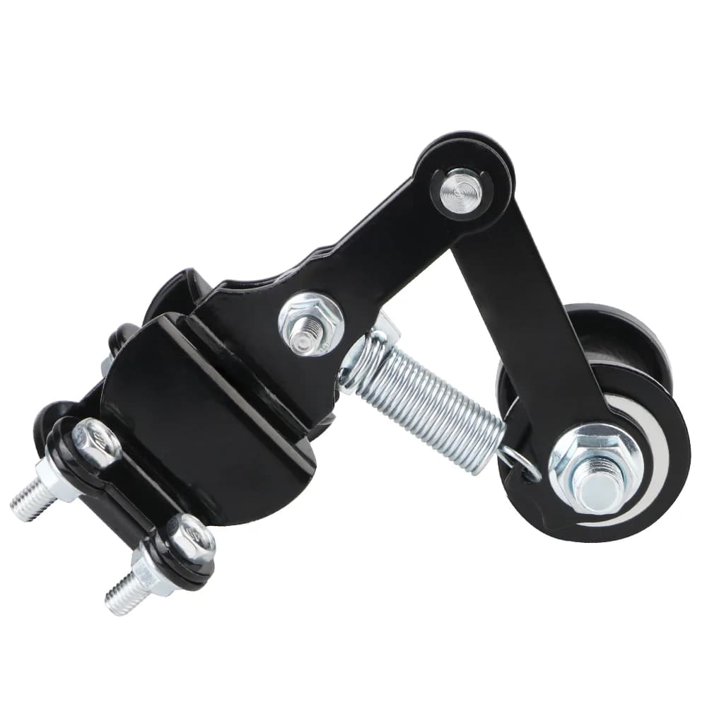 Universal motorcycle chain adjuster tensioner guide with wheels, compatible with bikes, ATVs, and motorized bicycles.
