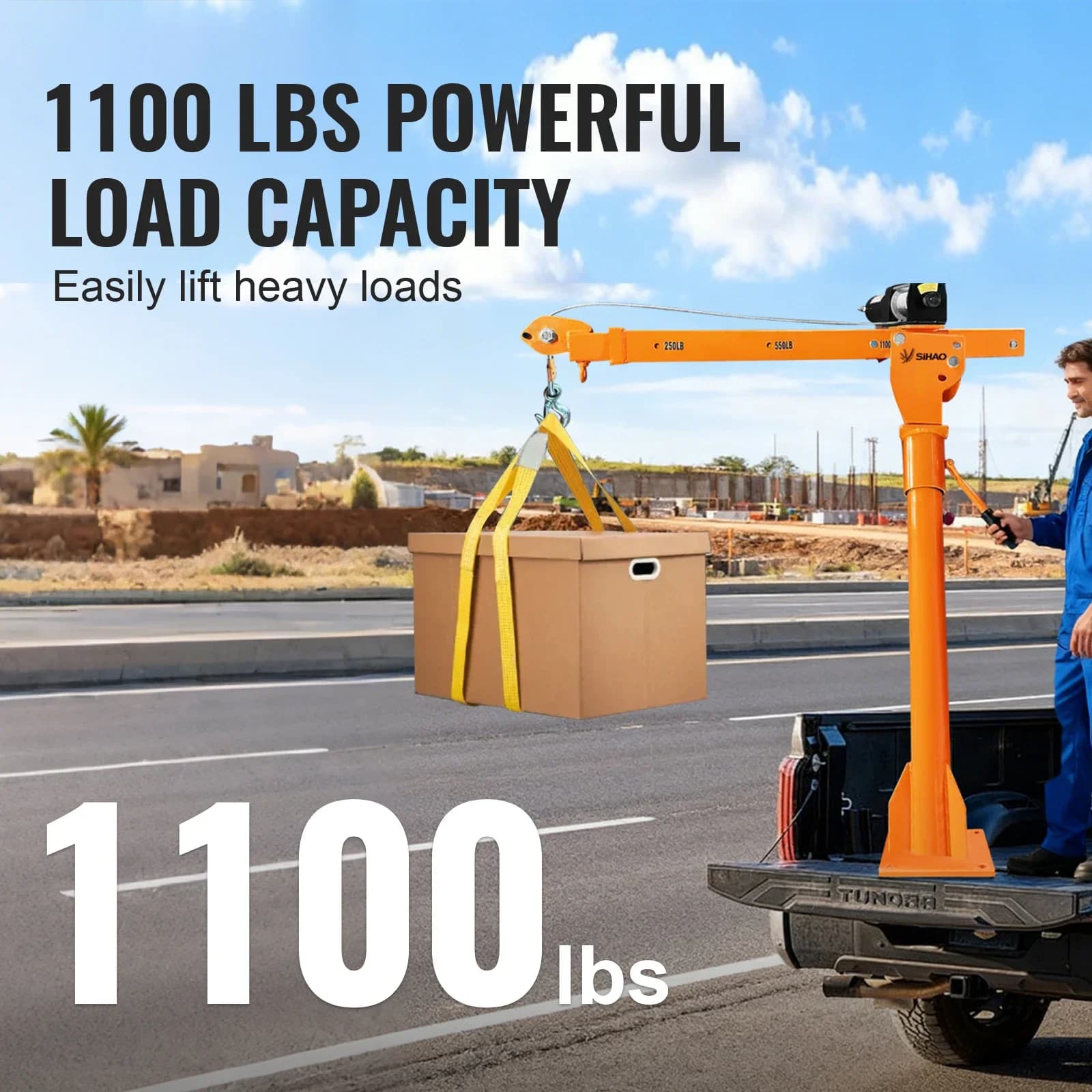 3500lb Truck-Mounted Winch | 1100lb Electric Hoist | 360° Swivel & Folding Crane - Thumbnail 3