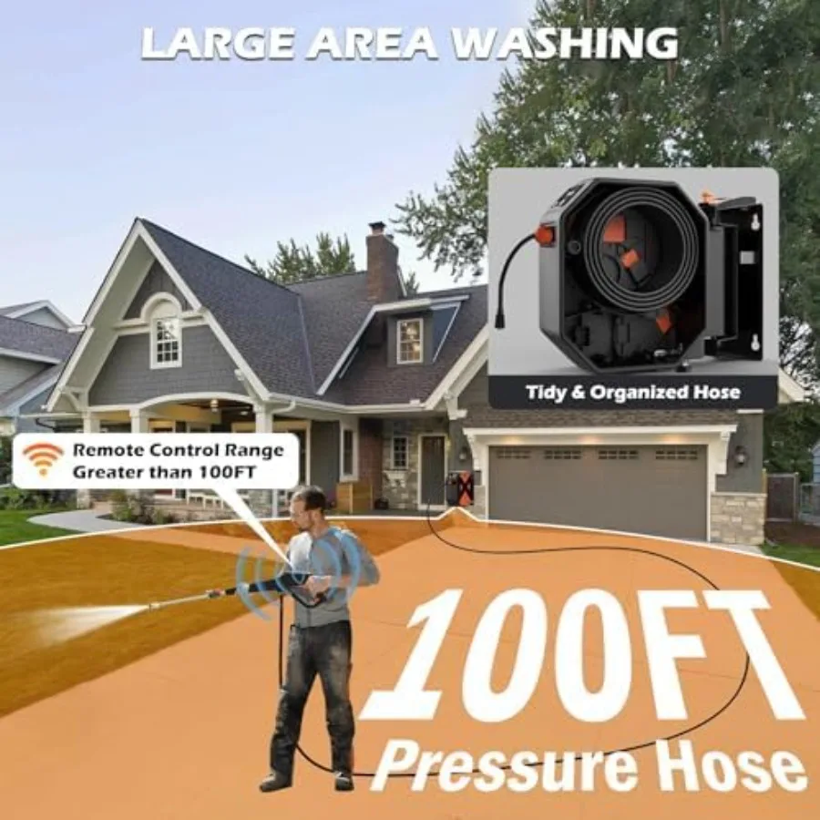 Mounted Pressure Washer | 100FT Retractable Hose & Foam Cannon | 5 Nozzles for Efficient Car Washing - Thumbnail 3