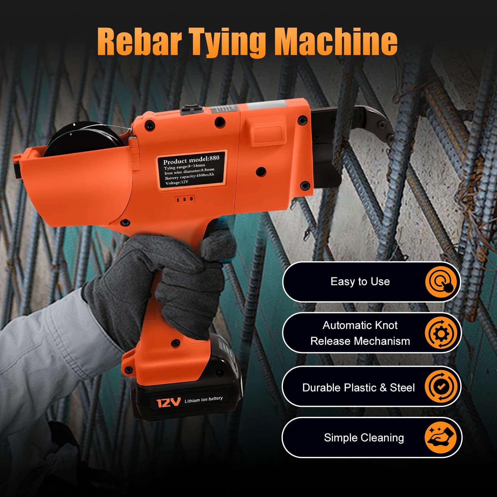 Cordless Rebar Tying Tool | 12V Battery Powered | For 8-34mm Steel Bars - Thumbnail 3