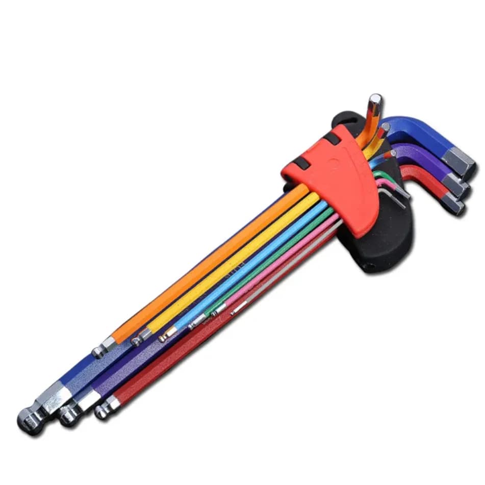 Nine-piece long arm Allen key set with hex sizes from 1.5mm to 10mm for bicycle repair and general screw use.