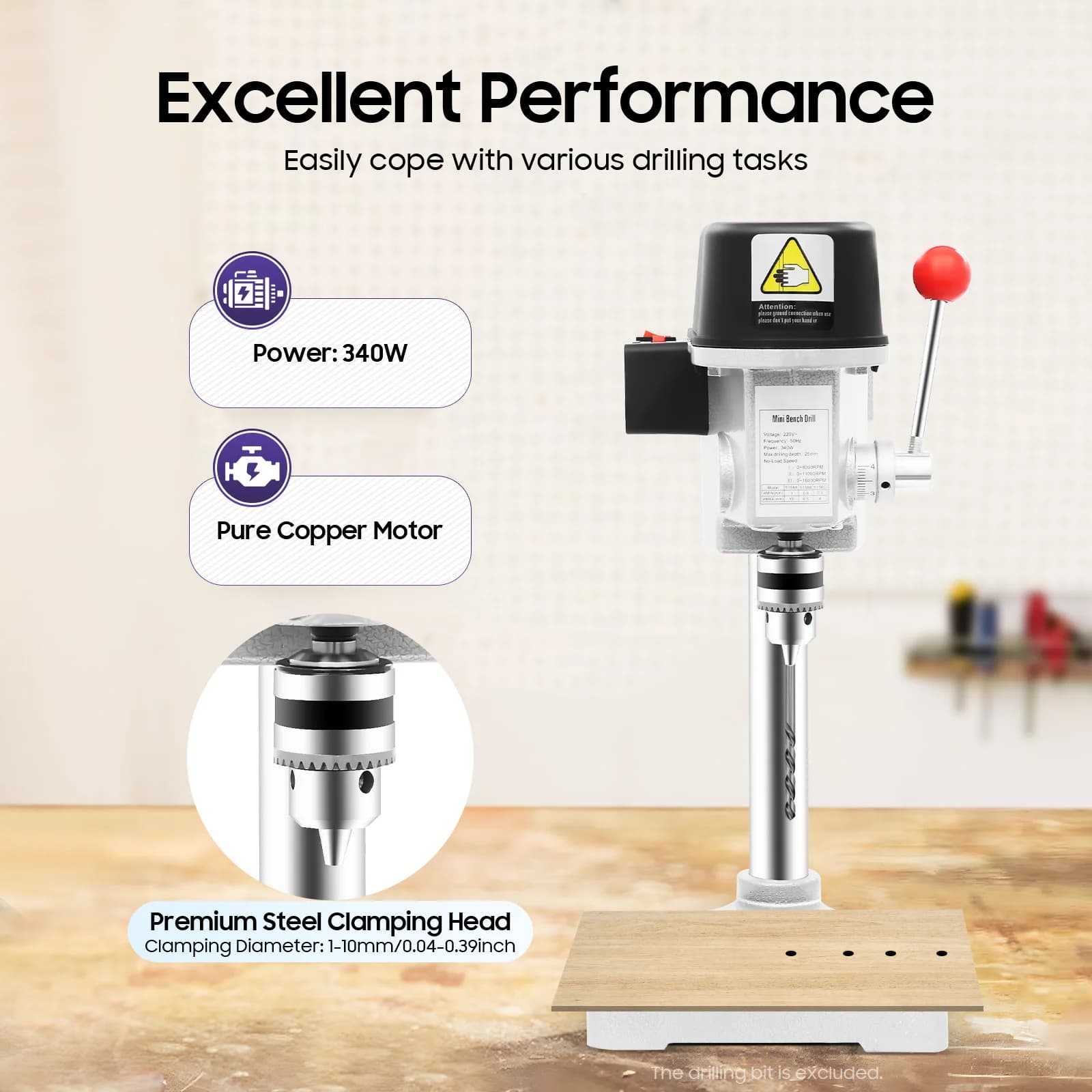 Bench Drill Press | 340W High-Precision Machine | 3-Speed Adjustable & Portable Table Drill - Thumbnail 2