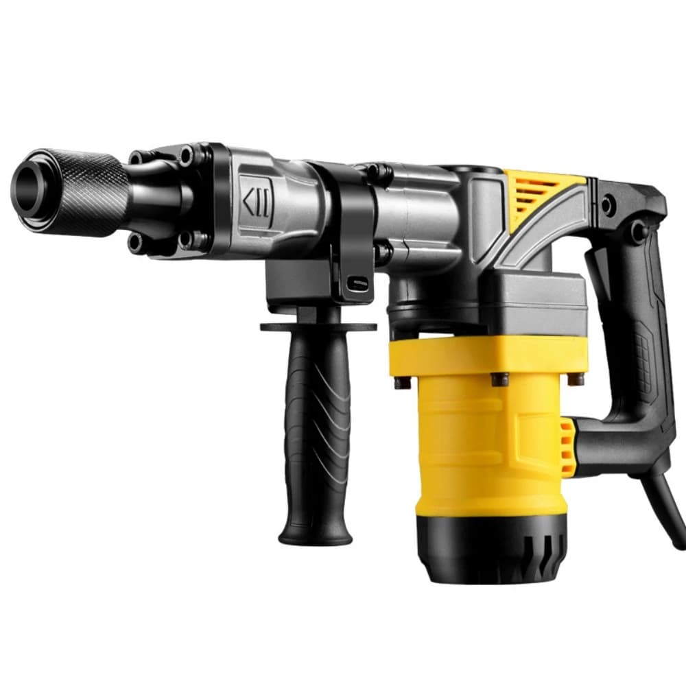 Heavy-duty 110v/220v electric demolition hammer with industrial-grade concrete breaker tip, shown ready for wall slot crushing and demolition work.