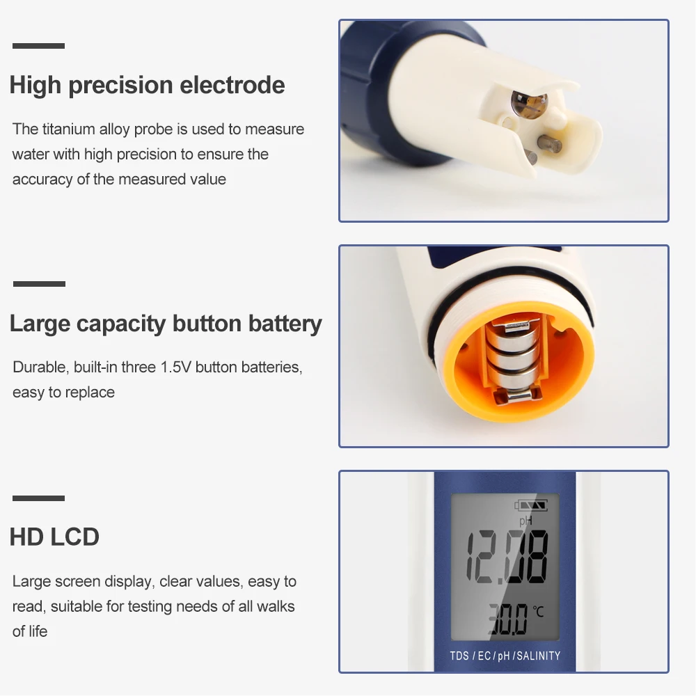 Digital Water Quality Tester | 5-in-1 pH, TDS, EC, Salinity, Temperature Meter | Backlit Display for Aquariums - Thumbnail 5
