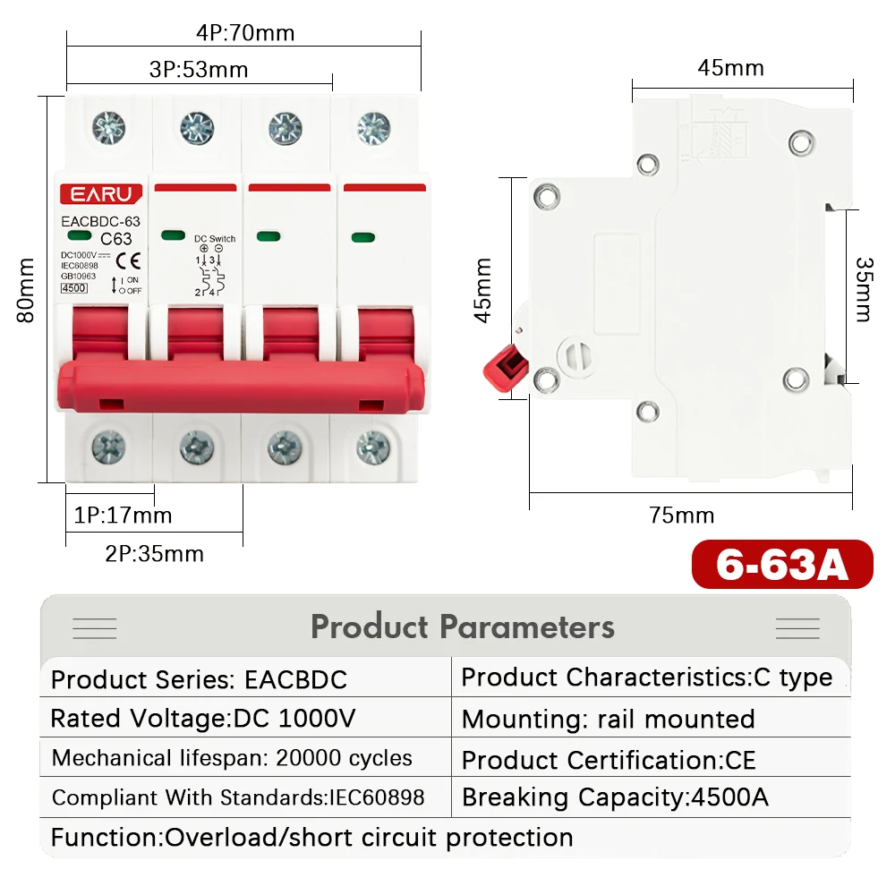 Solar PV DC Circuit Breaker | 1000V Overload Protection | 1P-4P | 6A-125A MCB - Thumbnail 2
