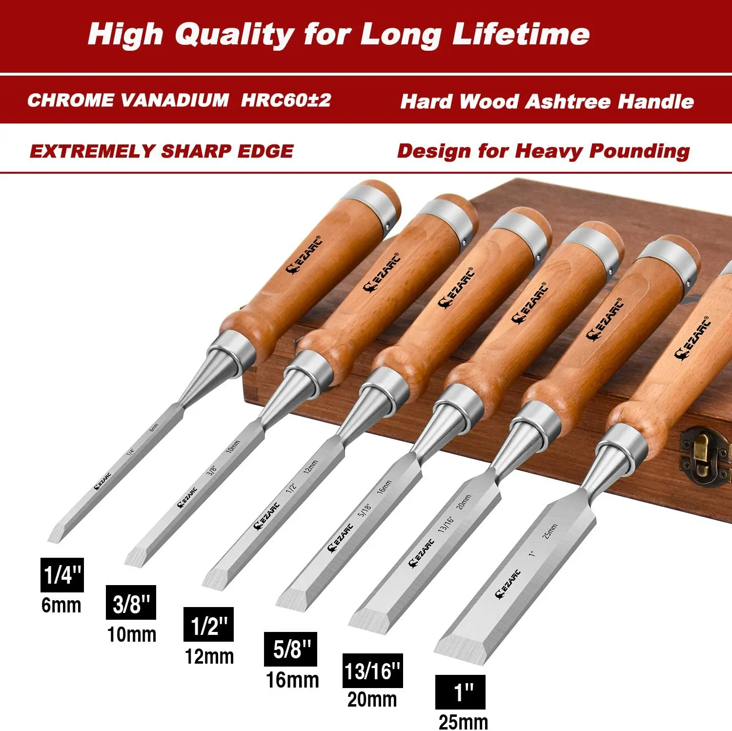 Wood Chisel Set | 6-Piece Carving Kit | Premium Hardwood Storage Case - Thumbnail 2