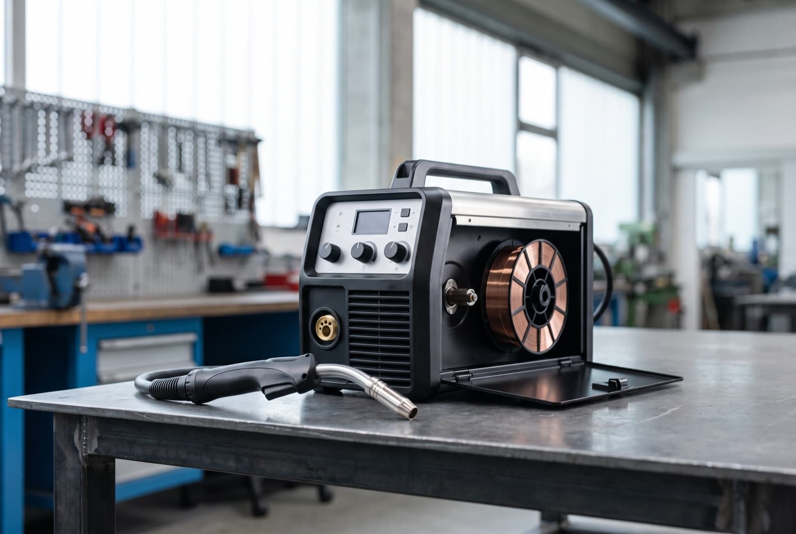 Modern MIG welder with torch and wire spool on a workshop bench