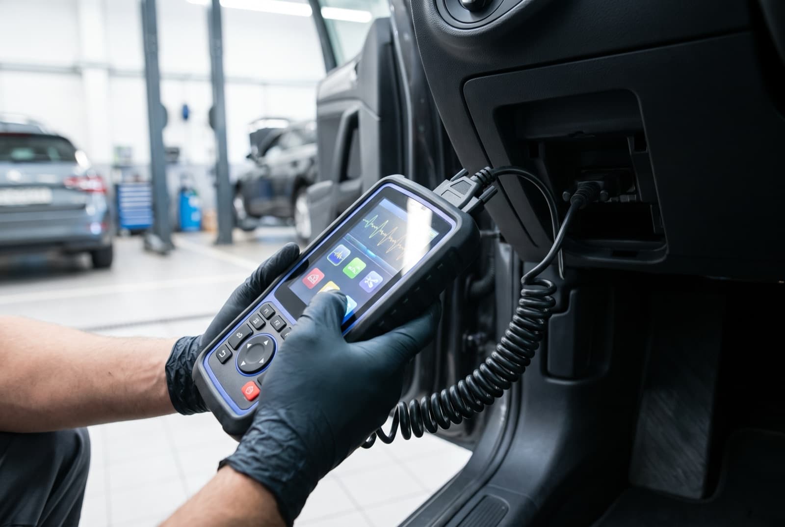 Handheld car diagnostic scanner reading fault codes from an OBD2 port
