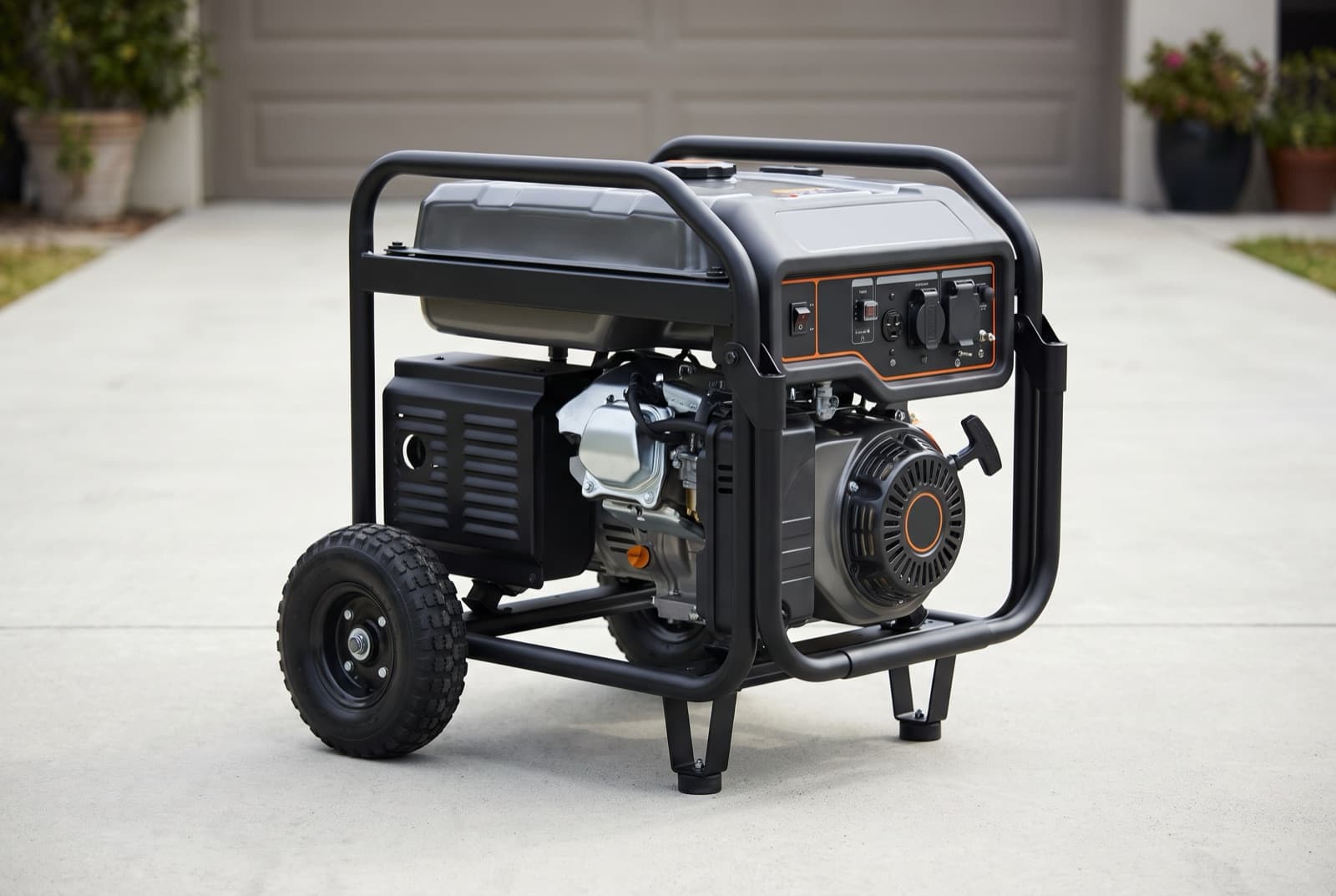 Portable petrol generator on a wheeled frame