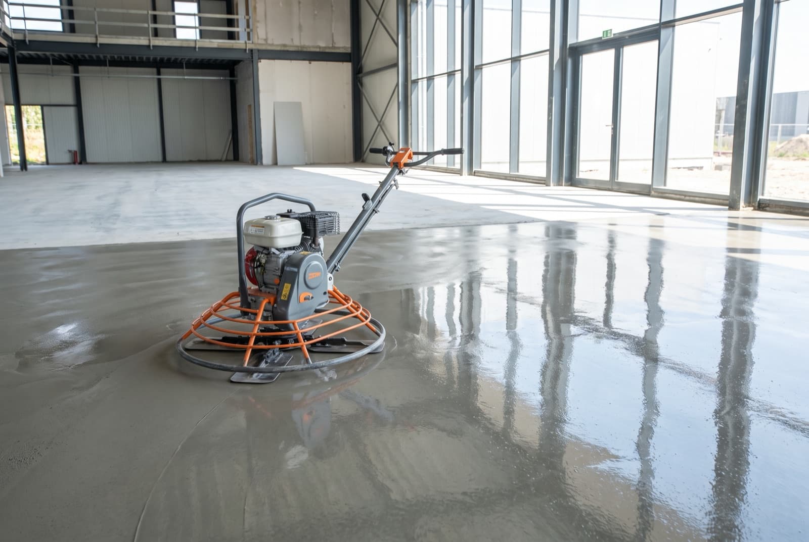 Hand-push electric power float finishing a fresh concrete floor