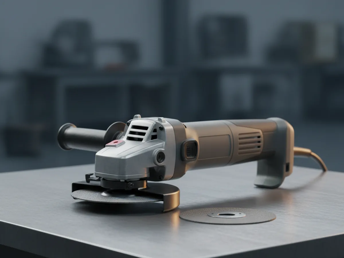 Corded angle grinder with its guard fitted and side handle attached, lying beside a thin cutting disc on a steel bench