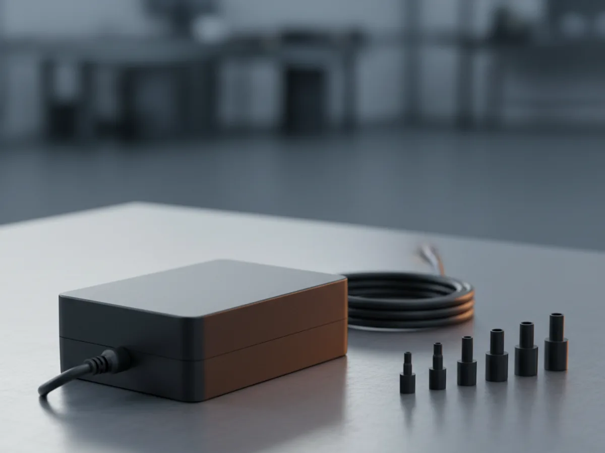 Black desktop DC power supply brick with an output lead beside a row of six interchangeable barrel plug tips