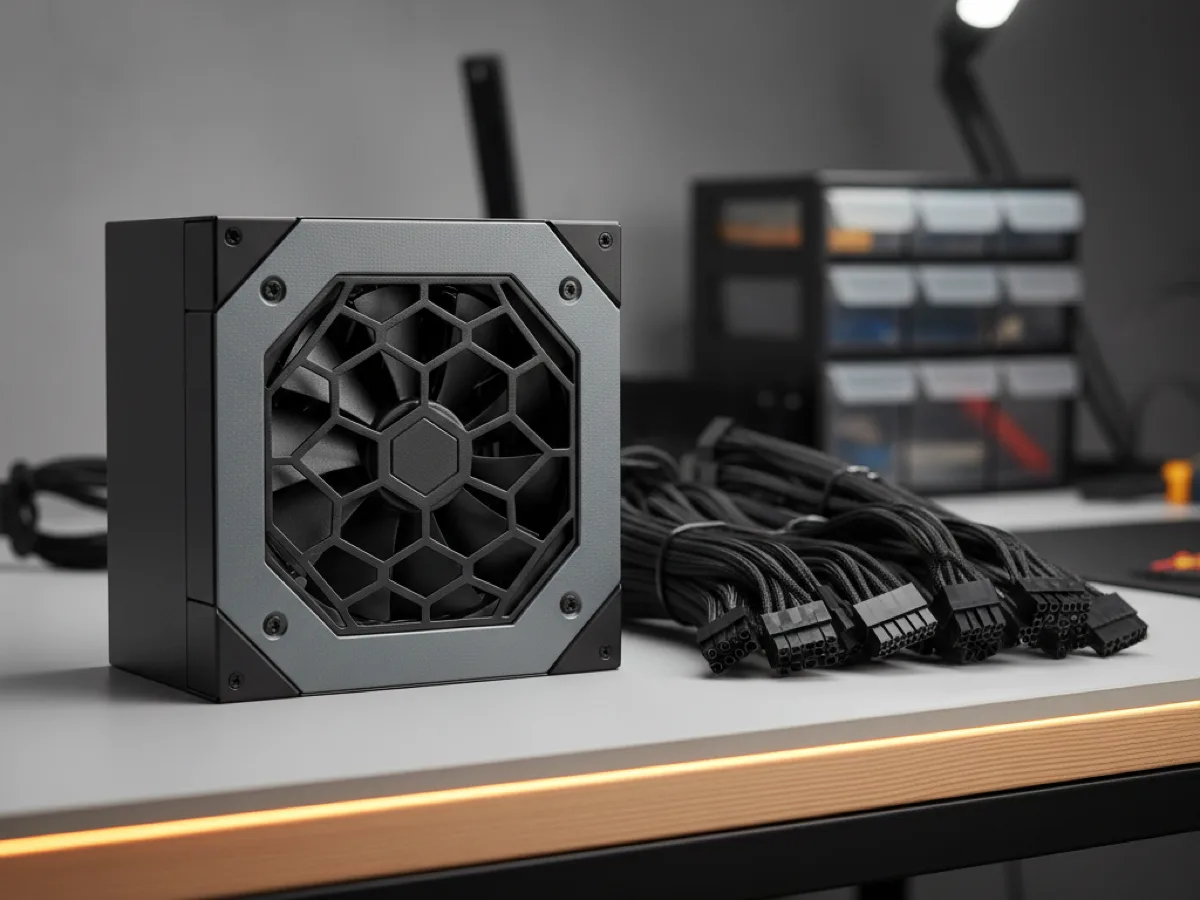 Fully modular ATX power supply with its detachable cable set laid out beside it on a workbench