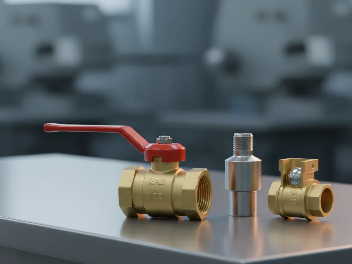 Brass ball valve with a red lever handle beside a smaller stainless ball valve and a cutaway showing the ball