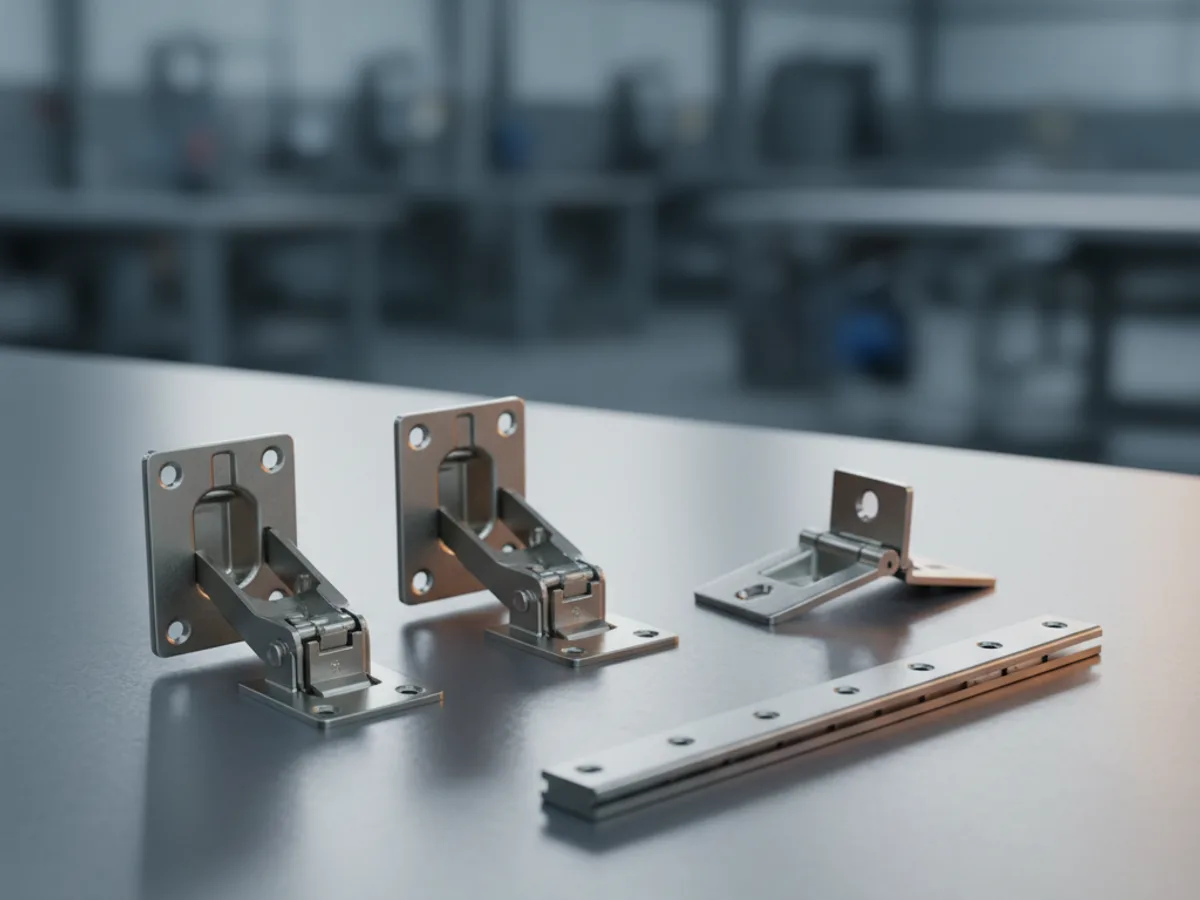 Concealed cup cabinet hinges beside a stainless butt hinge and a length of piano hinge on a workbench