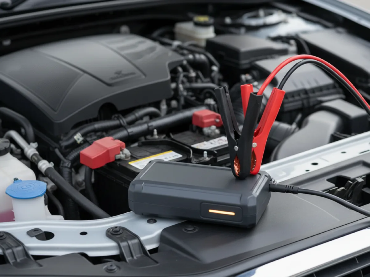 Lithium jump starter pack with heavy red and black clamps connected to a car battery under an open bonnet