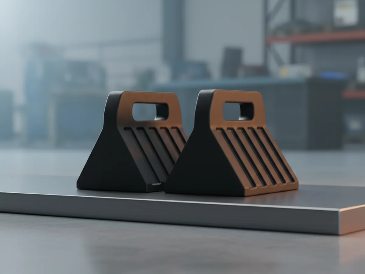 Two moulded wheel chocks with ribbed angled faces and cut-out carrying handles standing side by side on a bench