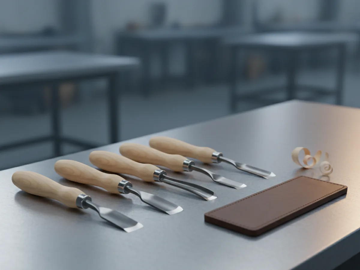 Row of wood carving gouges with wooden handles laid on a bench beside a leather strop and a curl of wood shaving