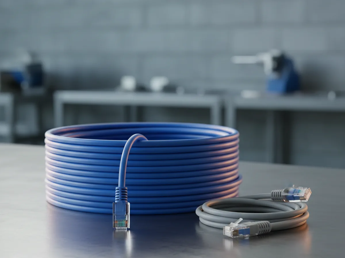 Coiled blue shielded Cat6a ethernet cable with an RJ45 plug in the foreground beside a shorter grey patch lead