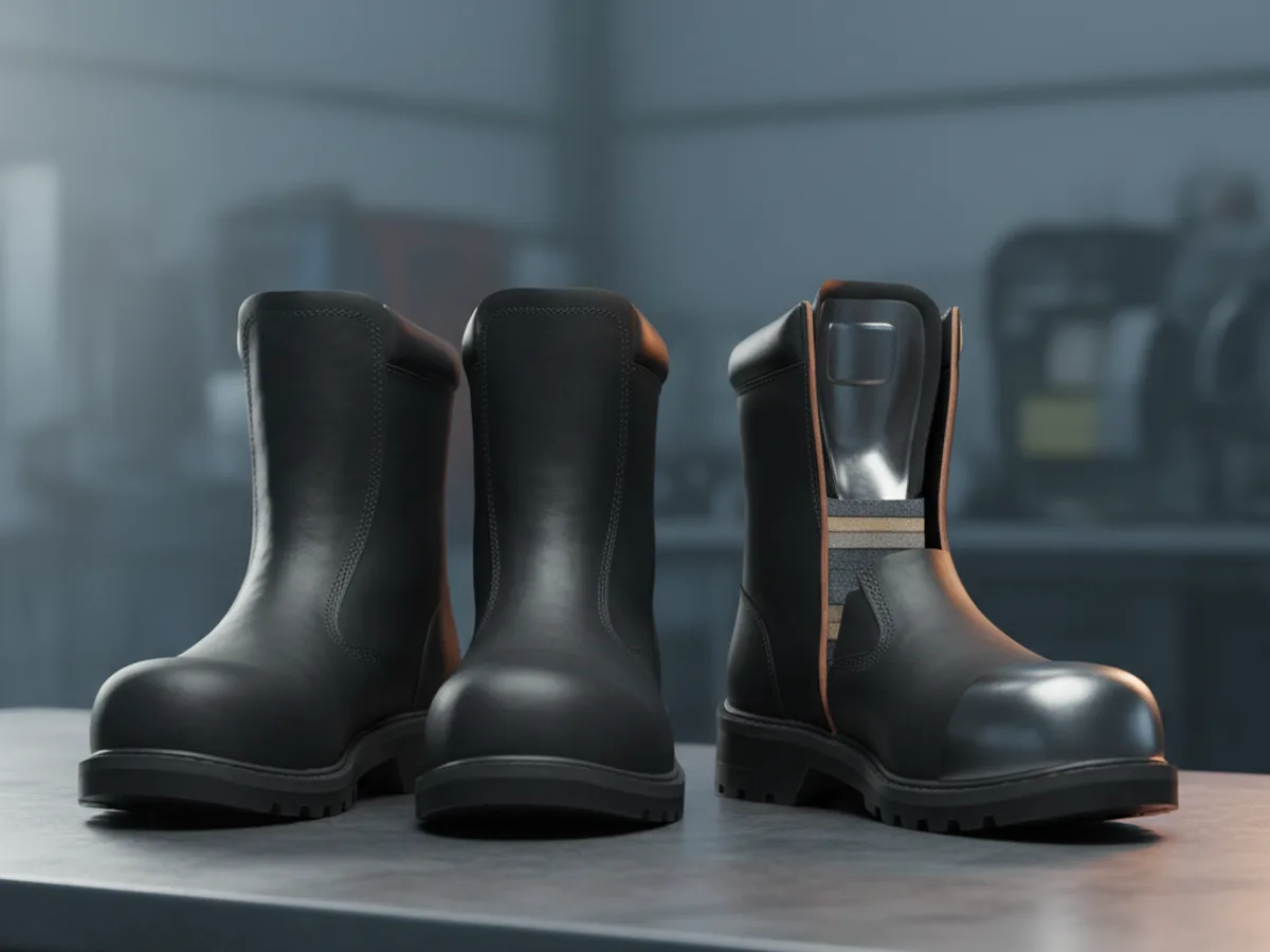 Pair of black leather safety boots with a cutaway boot beside them showing the toe cap and midsole plate