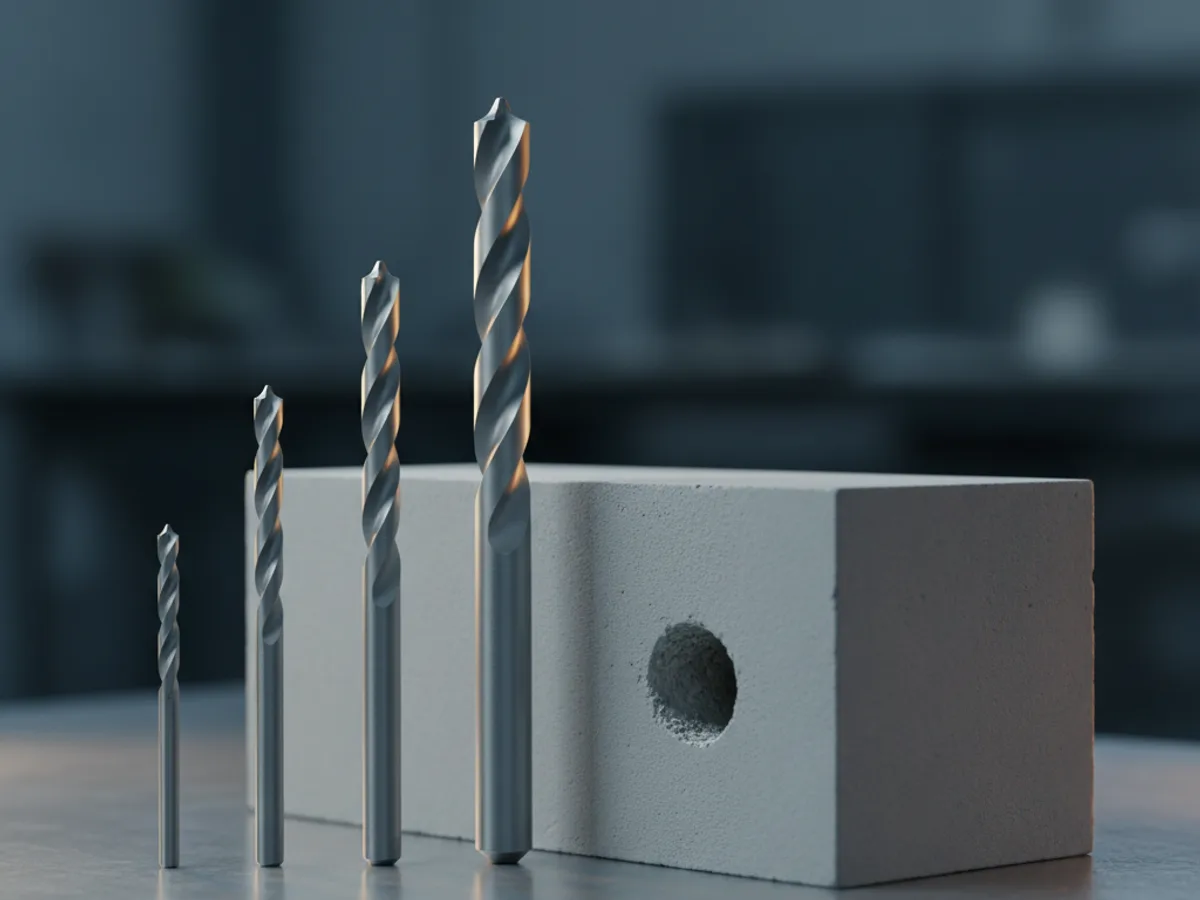 Four masonry drill bits of increasing diameter standing upright on a concrete block beside a drilled hole
