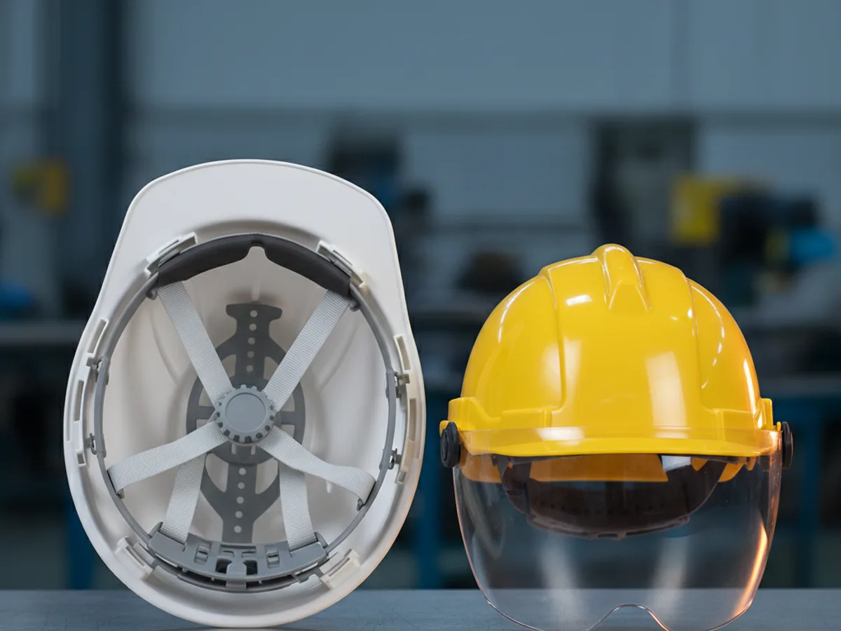 White construction safety helmet with its internal harness visible beside a helmet fitted with a clear visor