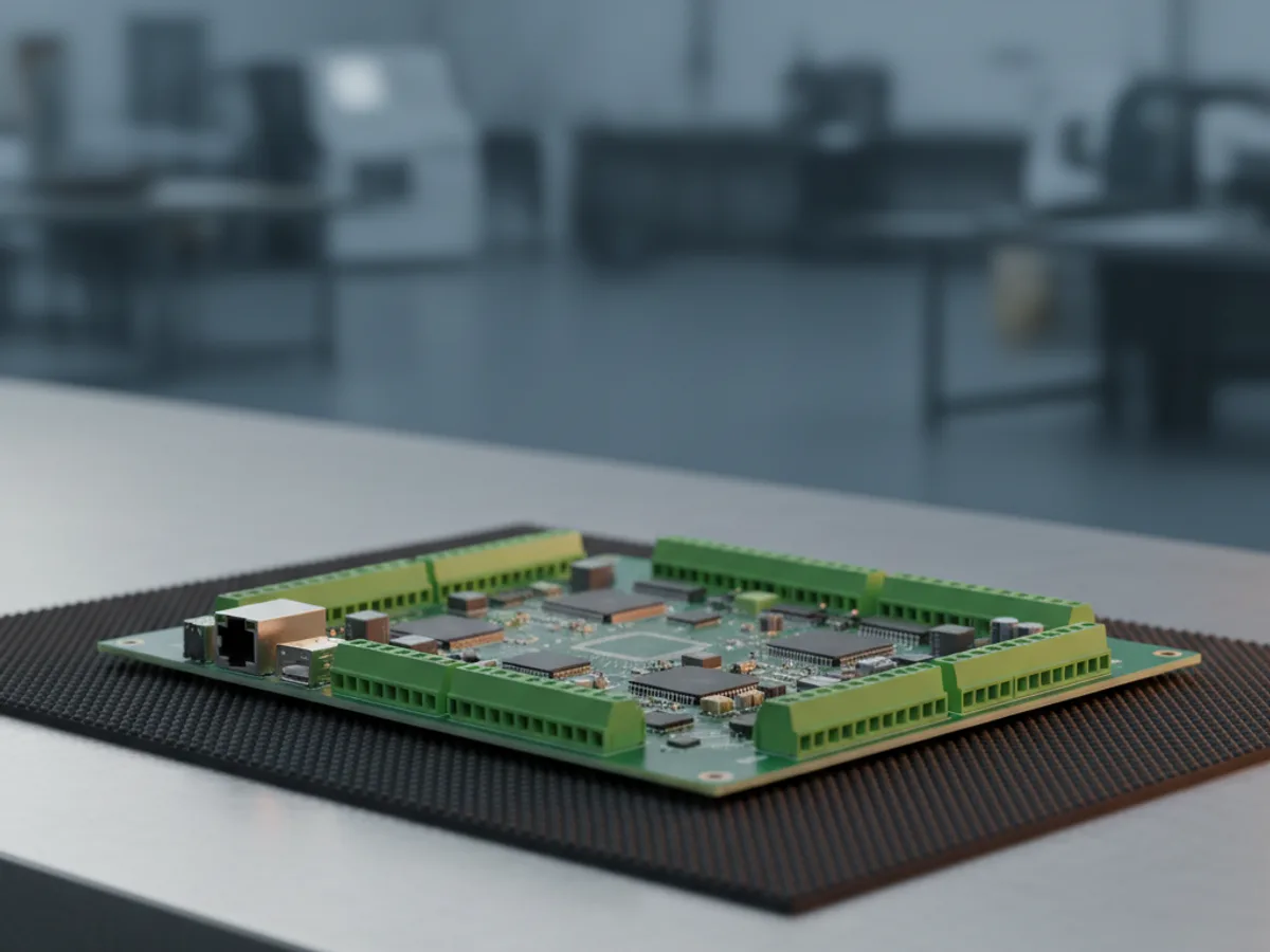 Green CNC motion control board with screw terminal blocks and an Ethernet socket lying on an antistatic mat