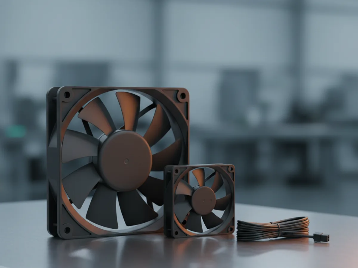 A 120mm black axial cooling fan standing upright beside a smaller fan and a four pin PWM connector lead