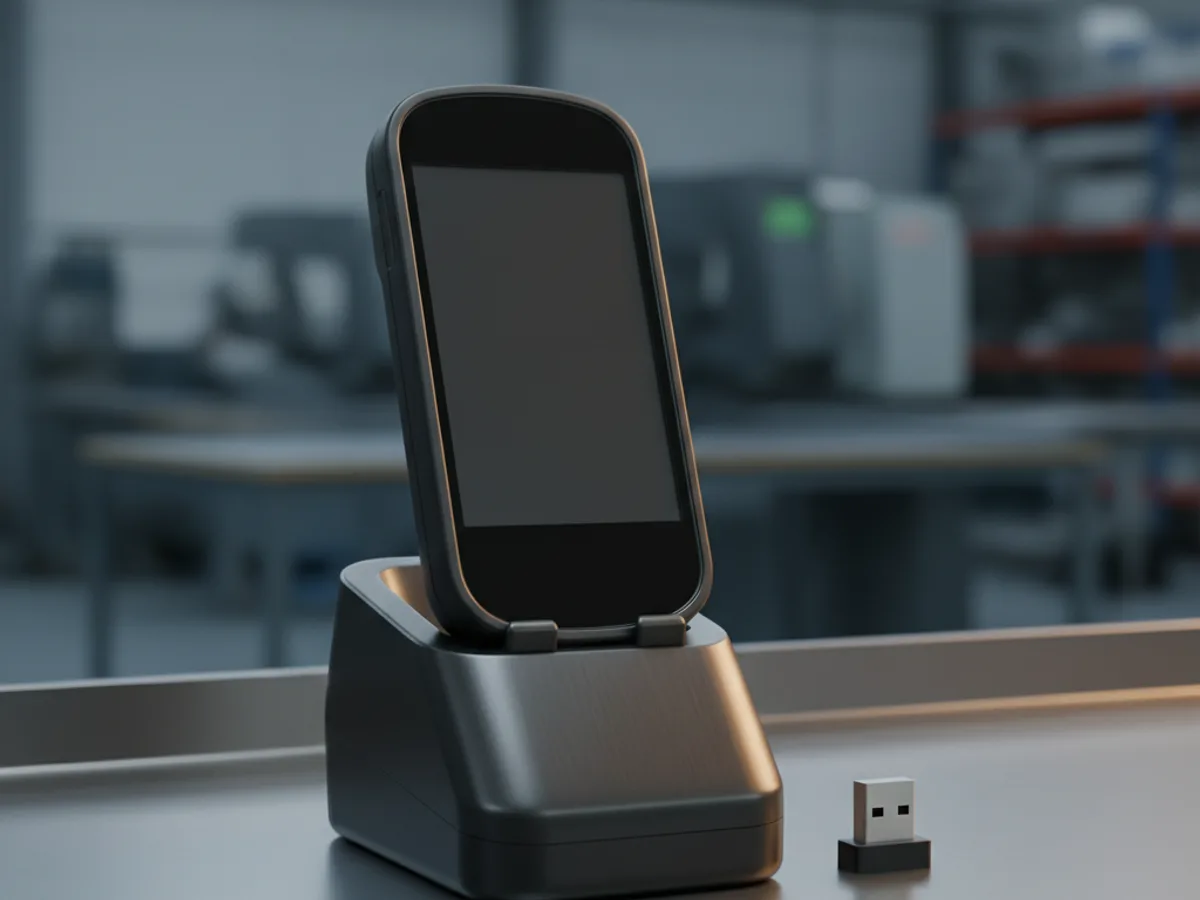 Handheld barcode scanner terminal with a blank screen sitting in its charging cradle beside a USB dongle