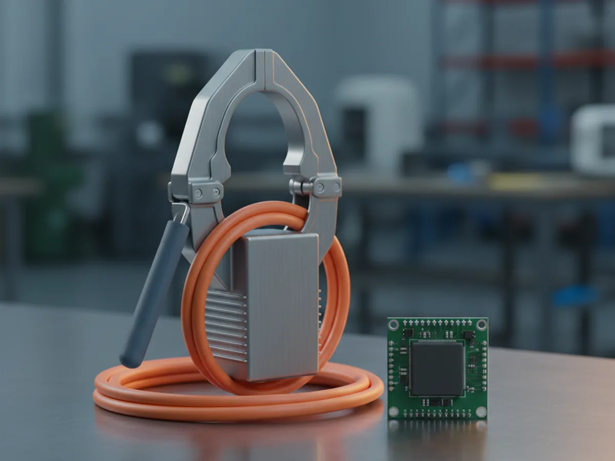 Split core clamp current transformer opened around a cable beside a small Hall effect current sensor module