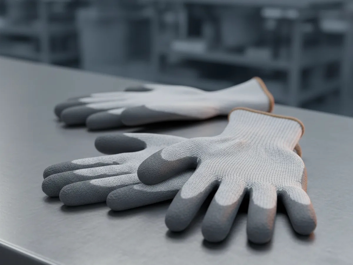 Two pairs of grey knitted work gloves with textured coated palms and fingertips laid flat on a workbench