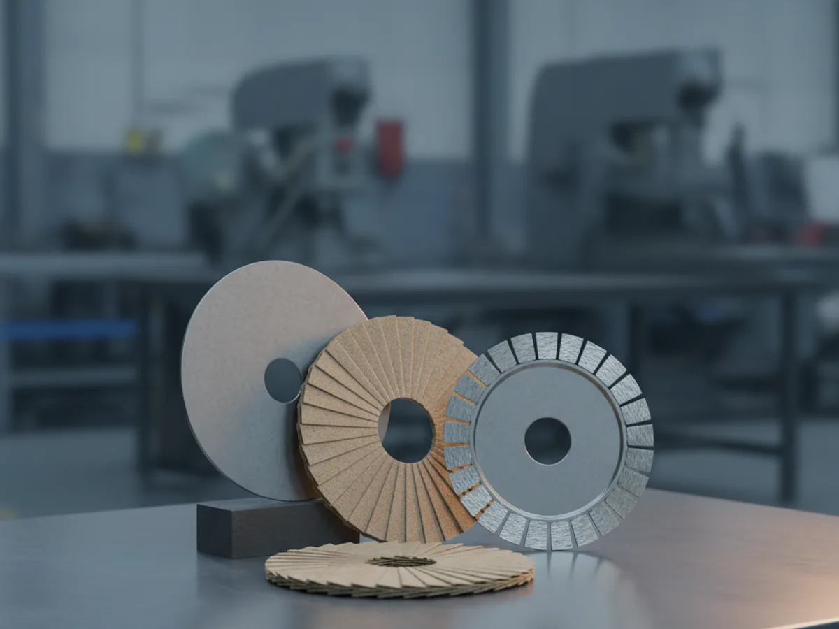 Thin metal cut-off wheel, a flap disc and a segmented rim diamond disc standing upright side by side on a bench