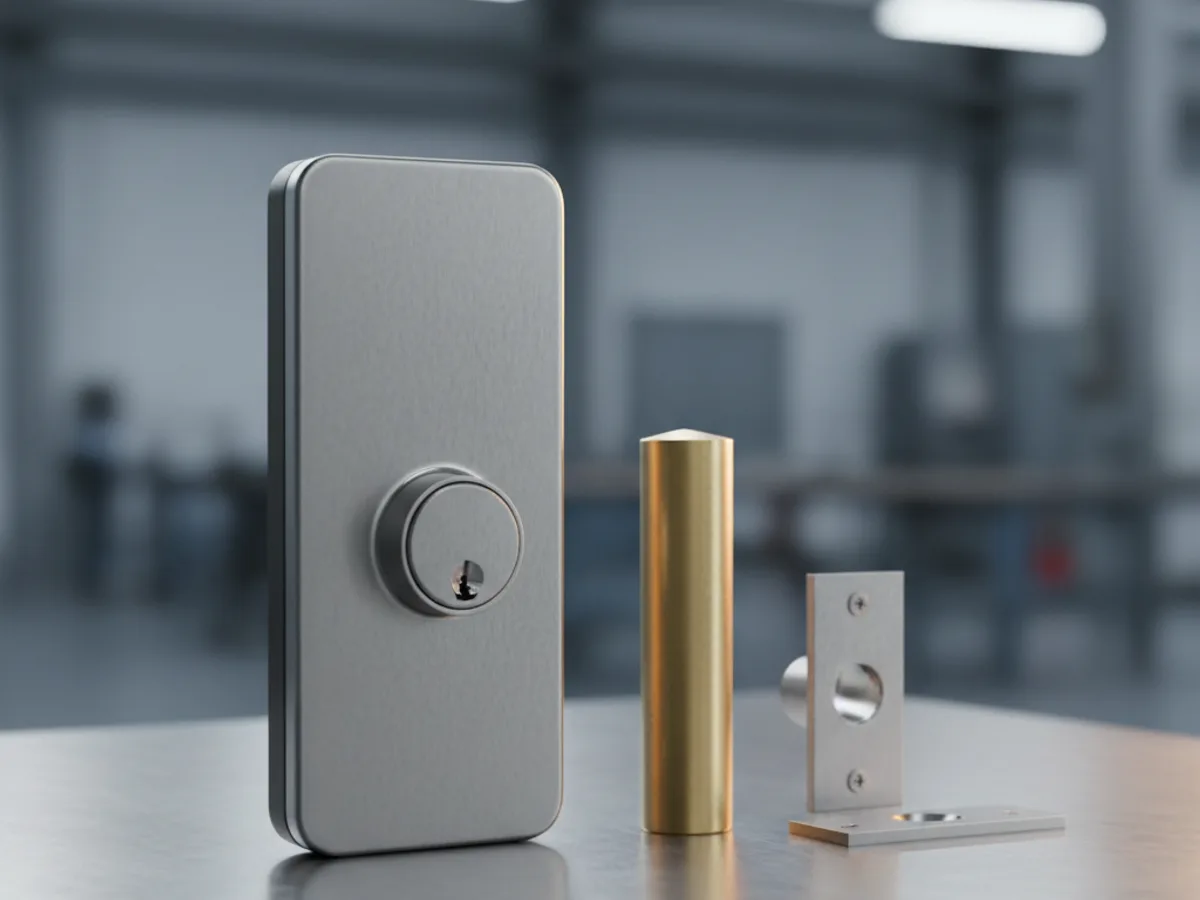 Door lock escutcheon with a key cylinder standing beside a brass deadbolt and a steel strike plate
