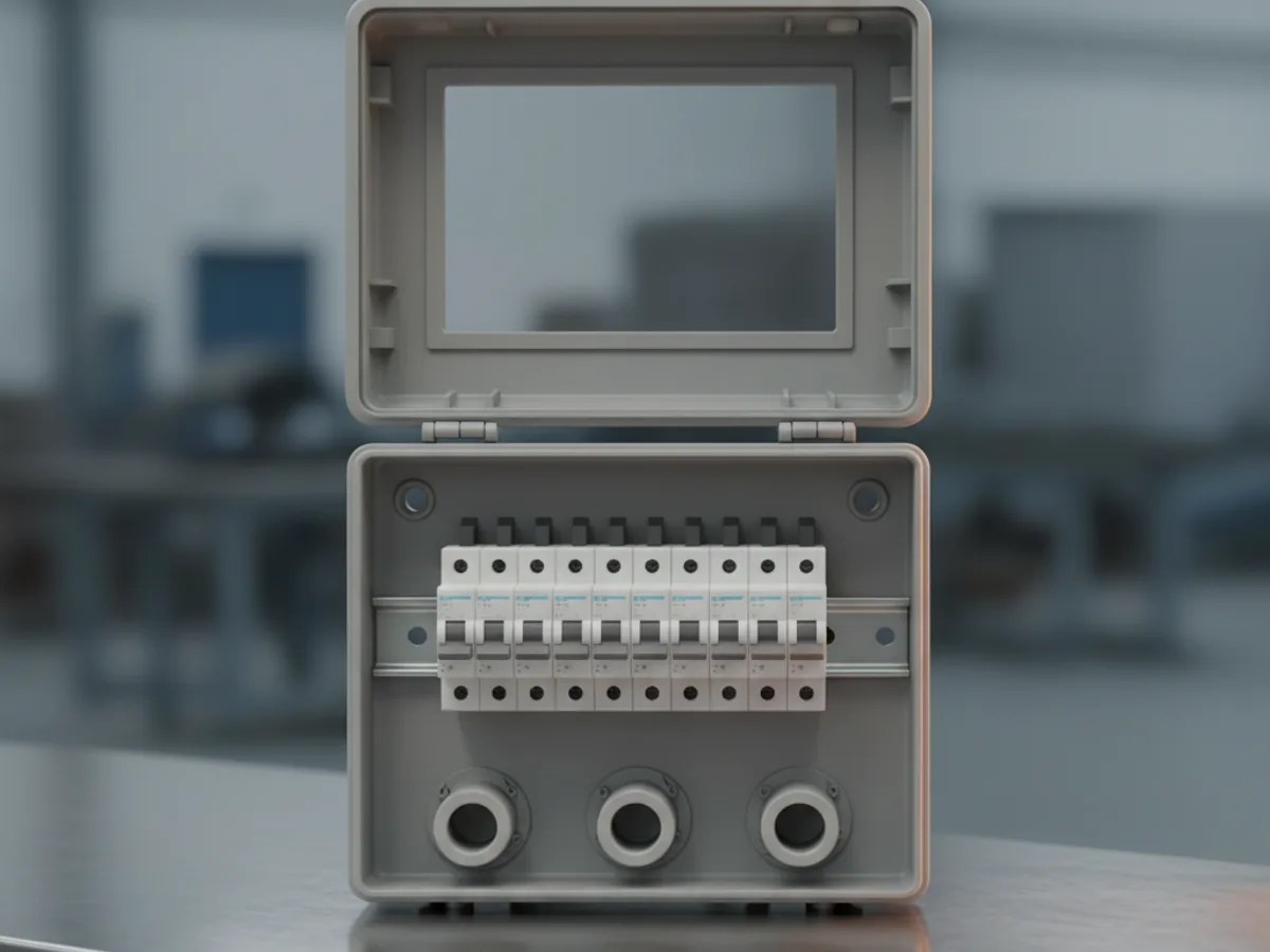 Grey weatherproof electrical distribution box with its clear lid open showing miniature circuit breakers on a DIN rail