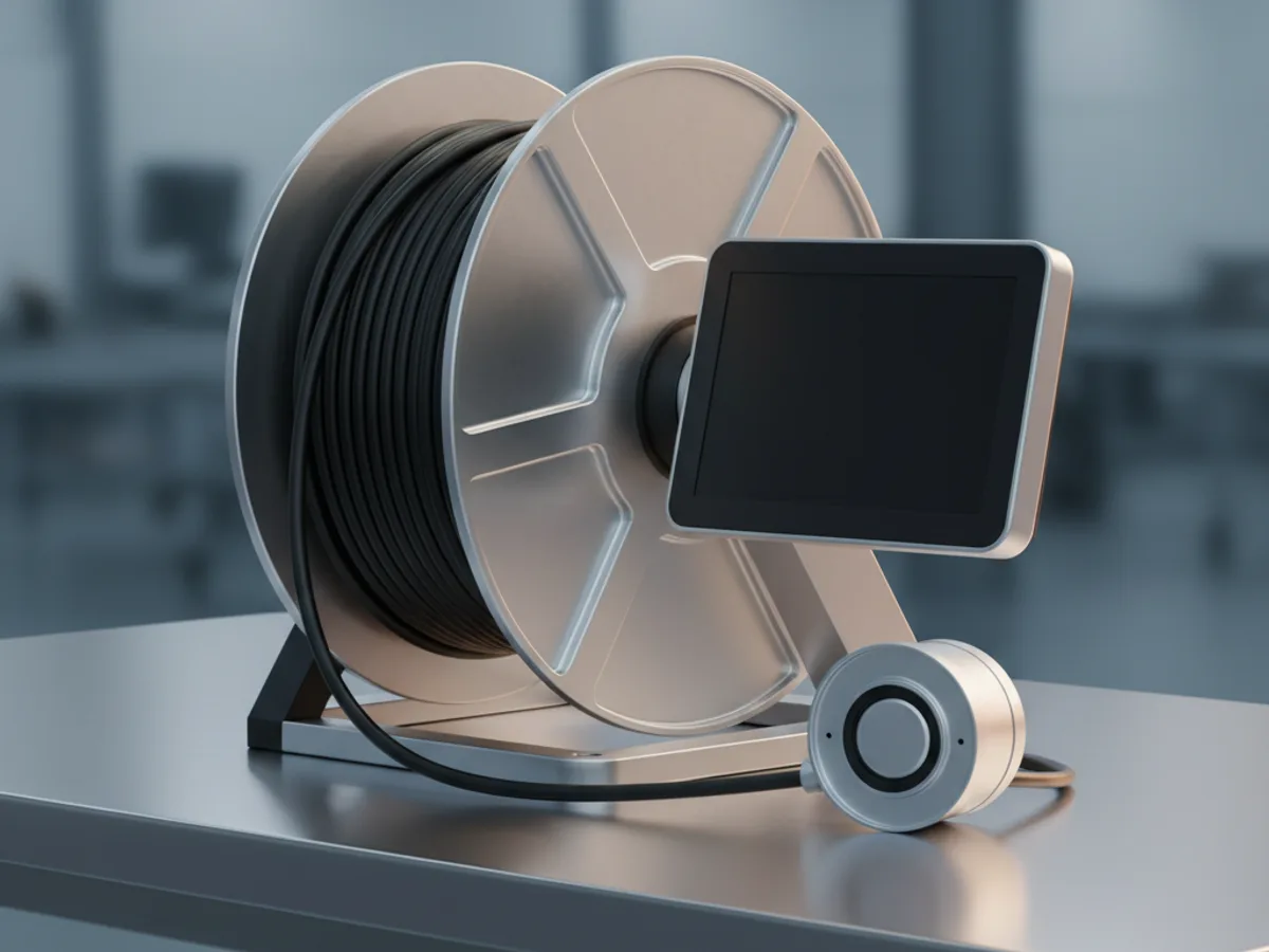 Drain inspection camera reel with coiled push rod and a monitor showing a blank screen beside the camera head