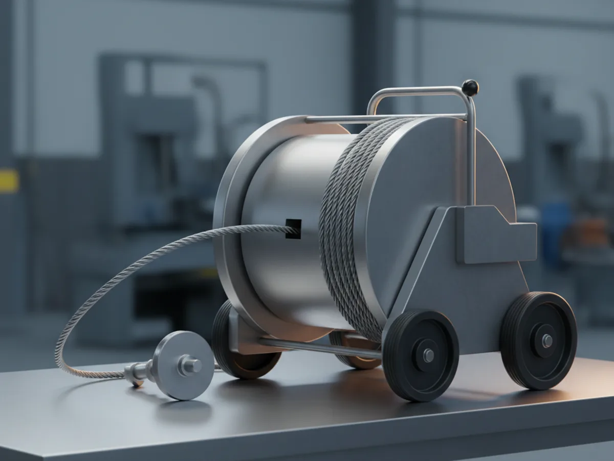 Drum drain cleaning machine with coiled steel cable and a cutting head laid out beside it on a hard floor