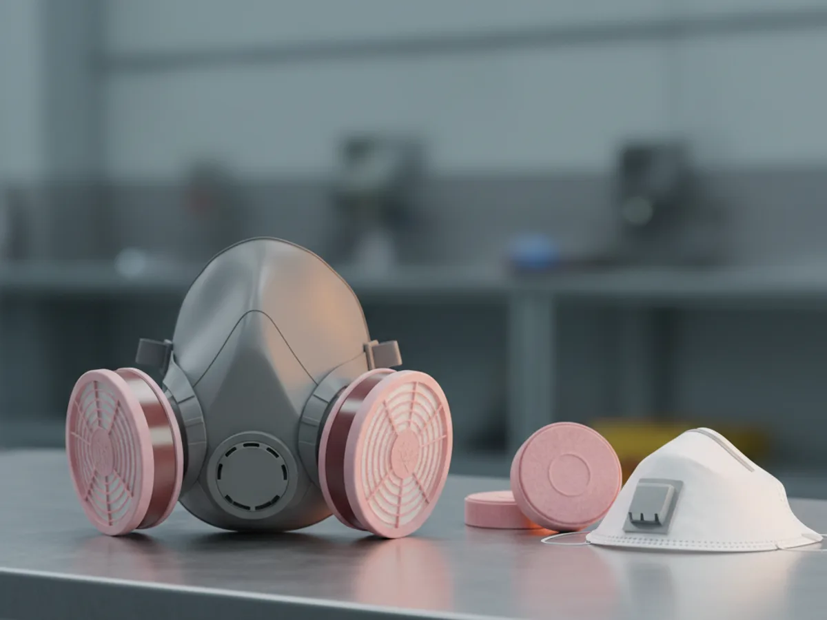 Grey half face respirator with twin filter cartridges fitted, beside a spare filter pair and a disposable dust mask