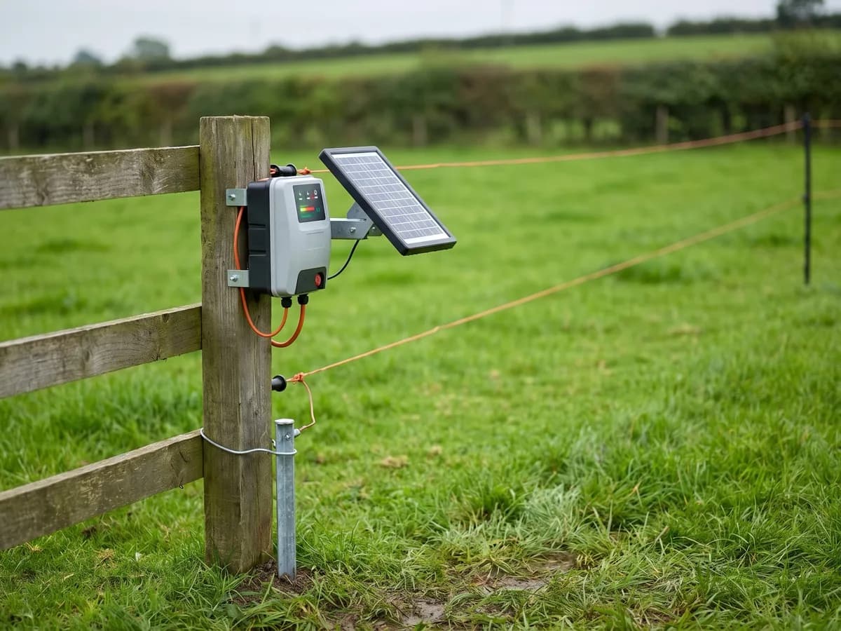 Electric fence energiser mounted on a post beside a solar panel with a live fence line running across pasture